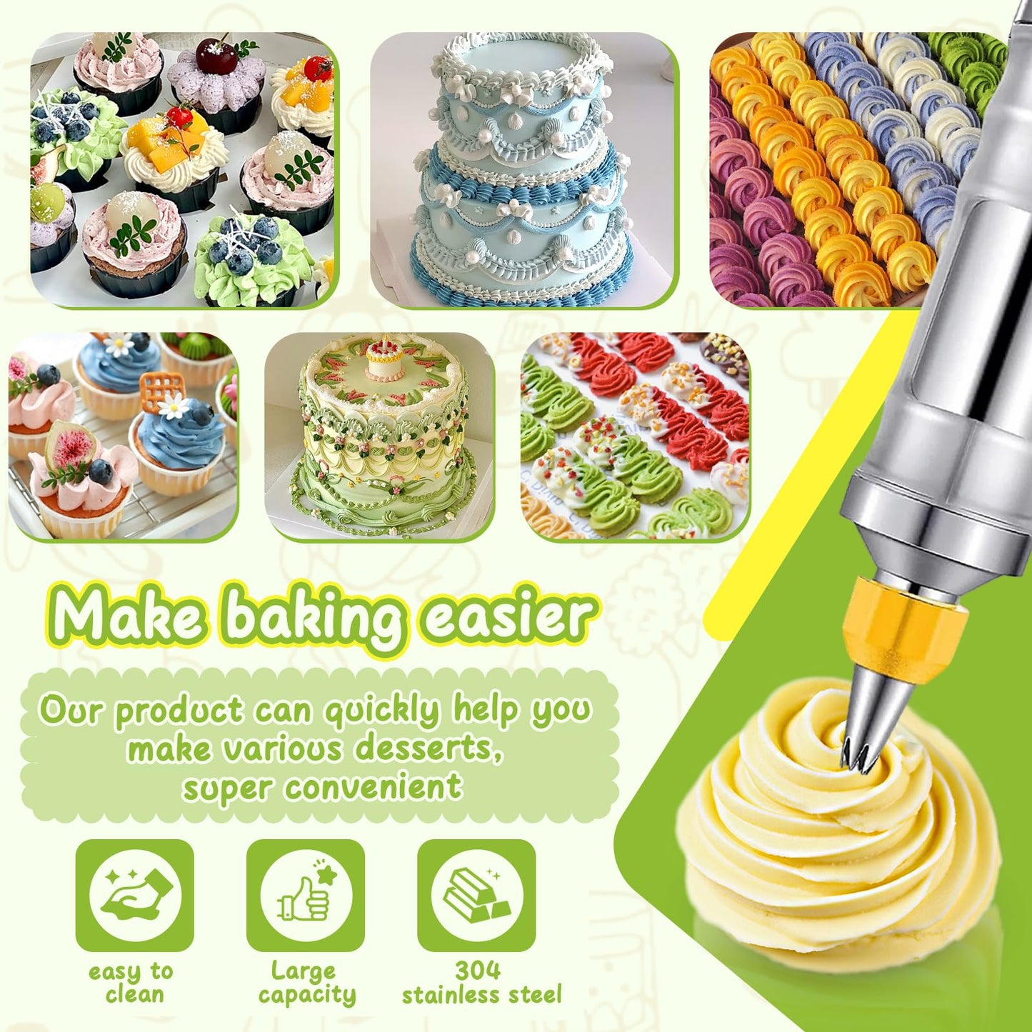 NOVANO Dessert Decorating Syringe Set, Frosting Piping Kit Stainless Steels Cake Decorating Kit with 54 Piping Tips & 9 silicone cupcakes, Cupcake Decorating Kit Piping Bags and Tips Set (Yellow)