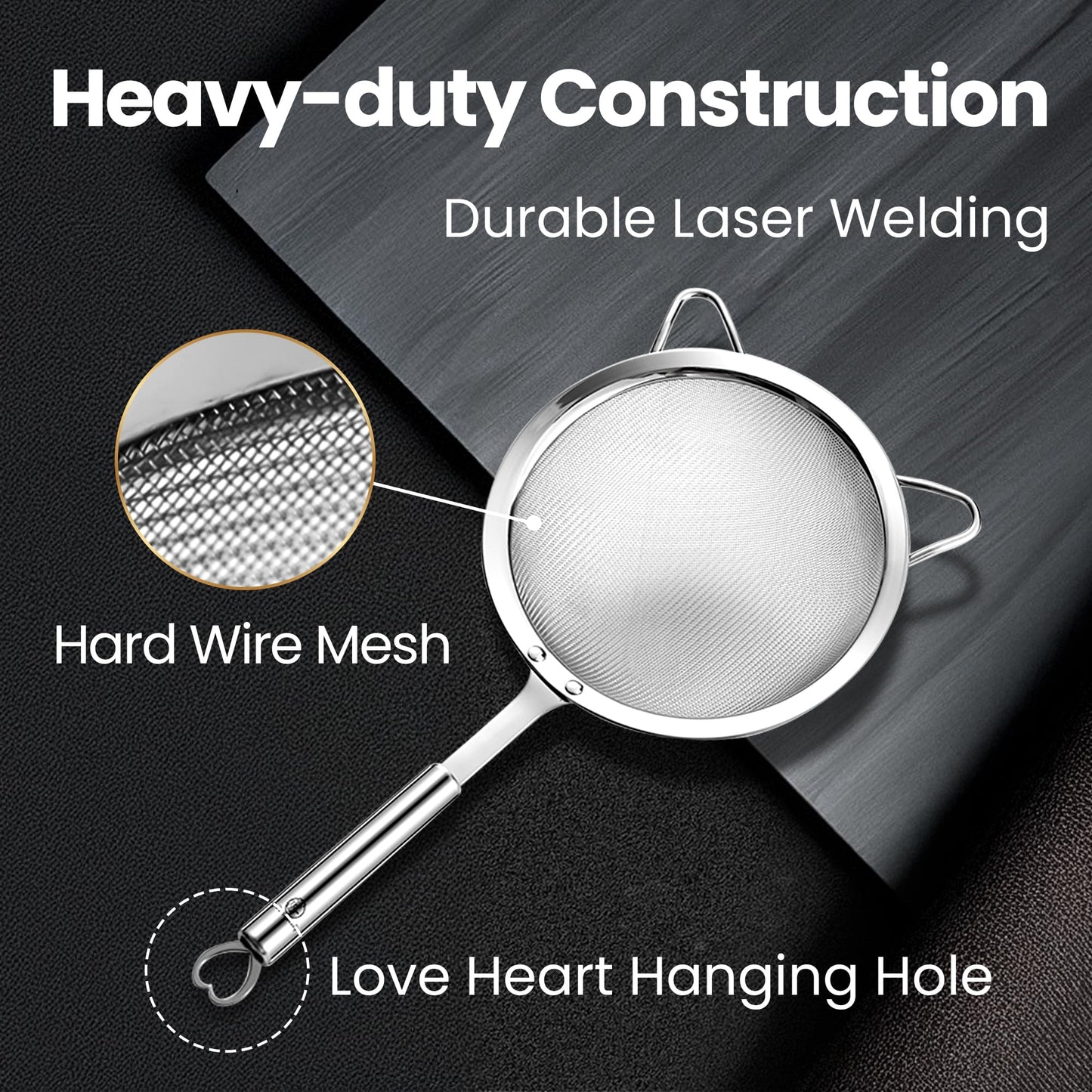 Stainless Steel Fine Mesh Strainer Set, Colander Set with 1 Large Flour Sifter (Sturdy Handle), 1 Small Mesh Sieve for Pasta & Rice, 1 Silicone Can Strainer – Durable, Dishwasher Safe, 5-Year Warranty