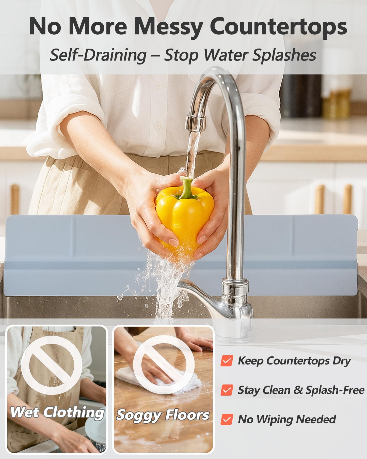 Akrelyan Kitchen Sink Splash Guard 23" 18" Self-Draining Silicone Water Guard with High Splash Wall & Strong Suction Cups for Faucet, Countertop & Sink Edge, Keeps Sinks Dry, Dishwasher Safe, Gray