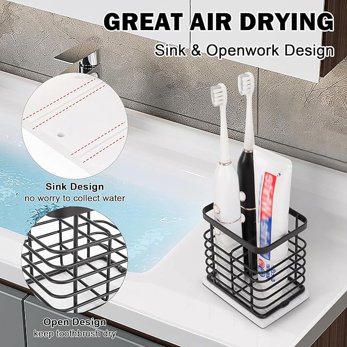 HarJue Toothbrush Holder, Luxurious Metal Toothbrush Toothpaste Holder with Marble Base for Bathroom, Multi-Slots Openwork Design, Bathroom Accessory for Storage and Organizer (Small, Matte Black)