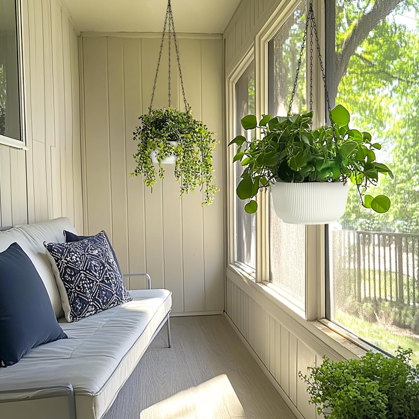 T4U Hanging Planter Self Watering 8 Inch, 2 Pack White Indoor Hanging Plant pots, Hanging Flower Pot with Drainage Hole & Plug & Chain with 3 Hooks for Garden Home Decor