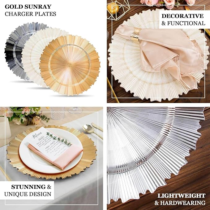 Efavormart 6 Pack | 13" Metallic Silver Sunray Acrylic Plastic Serving Plates, Round Scalloped Rim Disposable Charger Plates