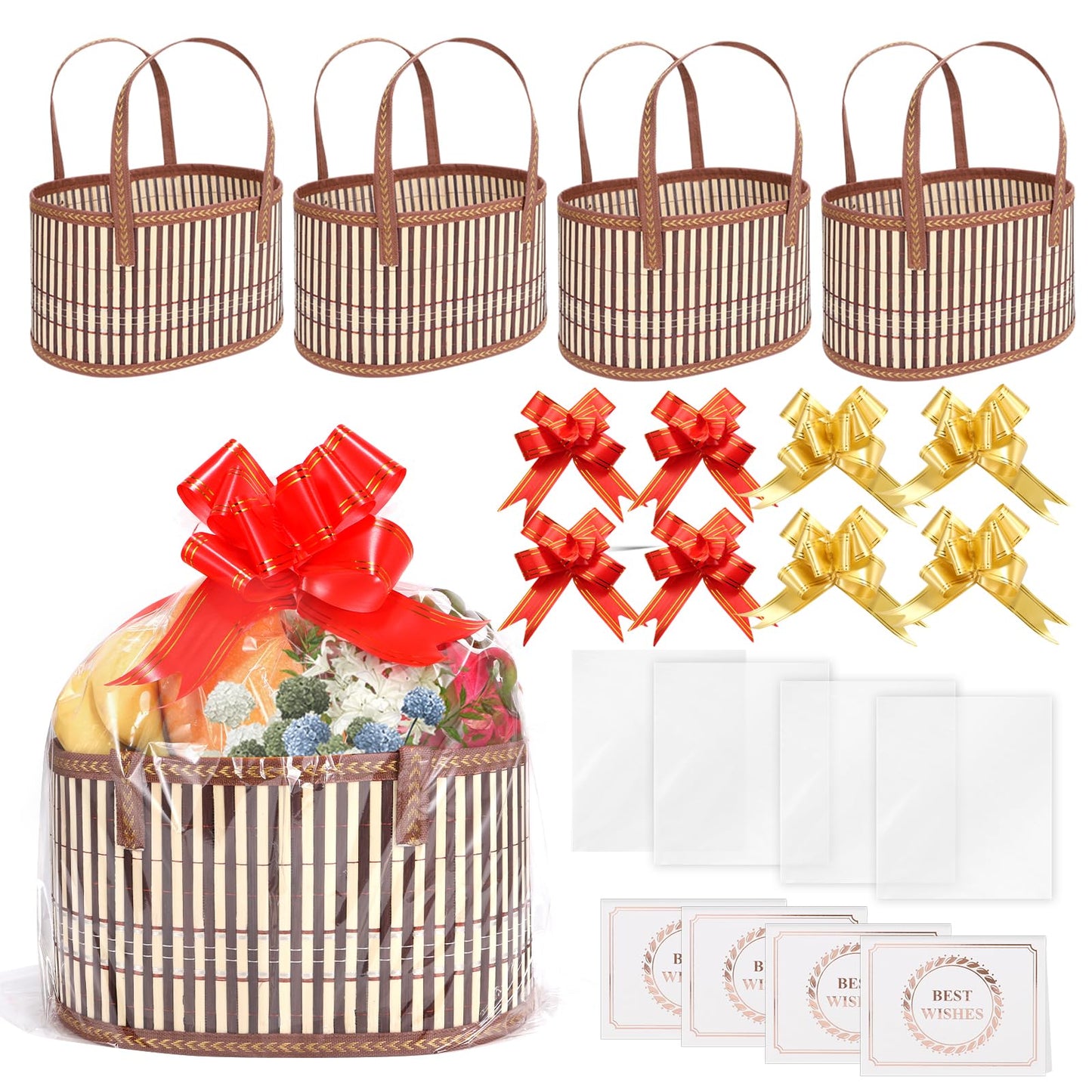 TXMLXY 4 Set Baskets for Gifts Empty, Sturdy Woven Bamboo Gift Basket Kit for Baby Shower, Birthday Party and Housewarming, Includes Gift Bags and Gift Cards.