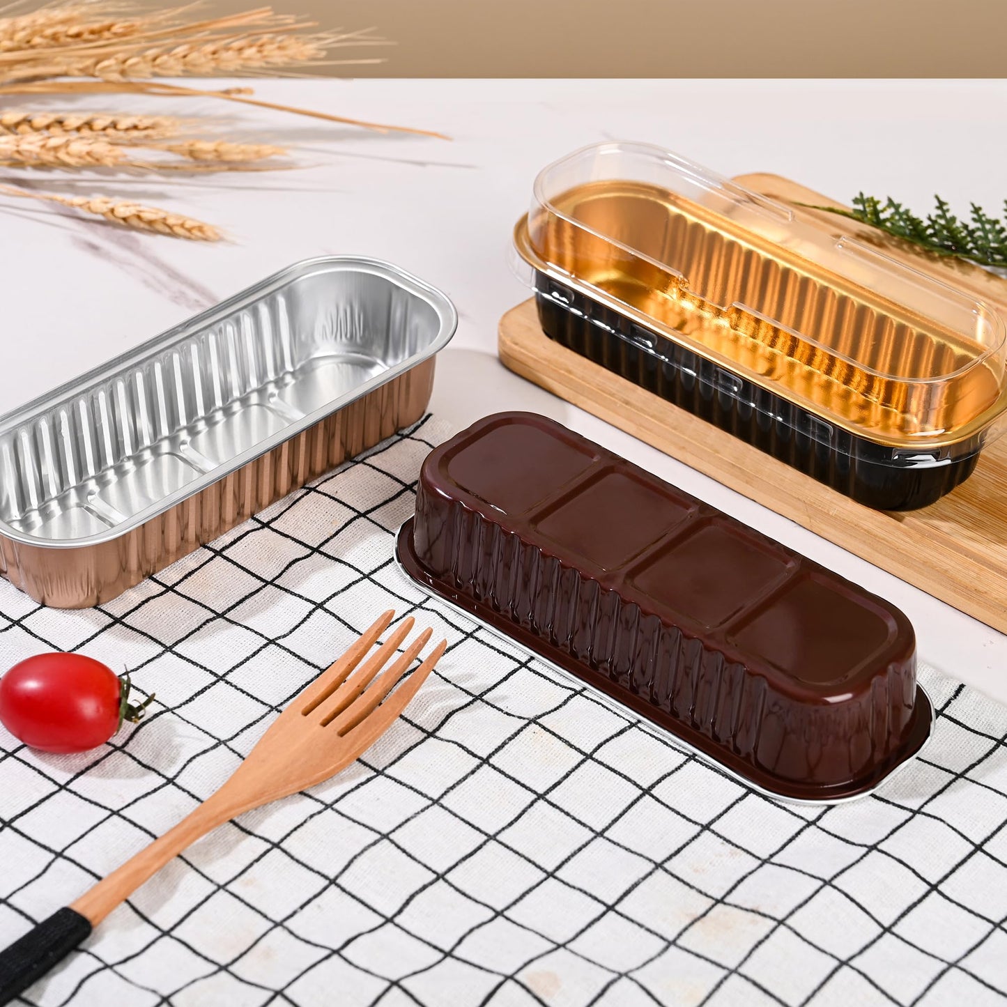 Findful Mini Loaf Baking Pans with Lids and Spoons (50 Pack, 6.8oz) Rectangle Aluminum Foil Baking Pans Tins Containers - Cupcake Containers Wrappers Cheesecake Creme Brulee Ramekins