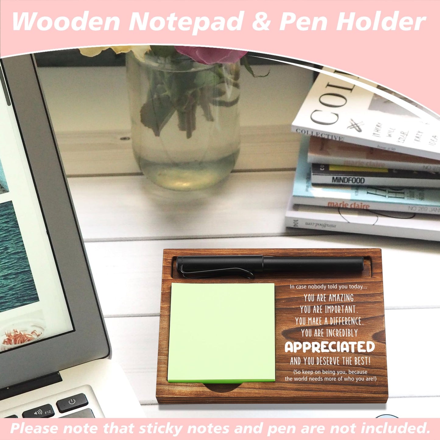 Appreciated Sticky Note Holder Wooden Notepad & Pen Holder 6.5" x 4.7" Sticky Note Pad Holder Dispenser for Desk Affirmations Work Appreciation Gifts Thank You Gifts, NPA246