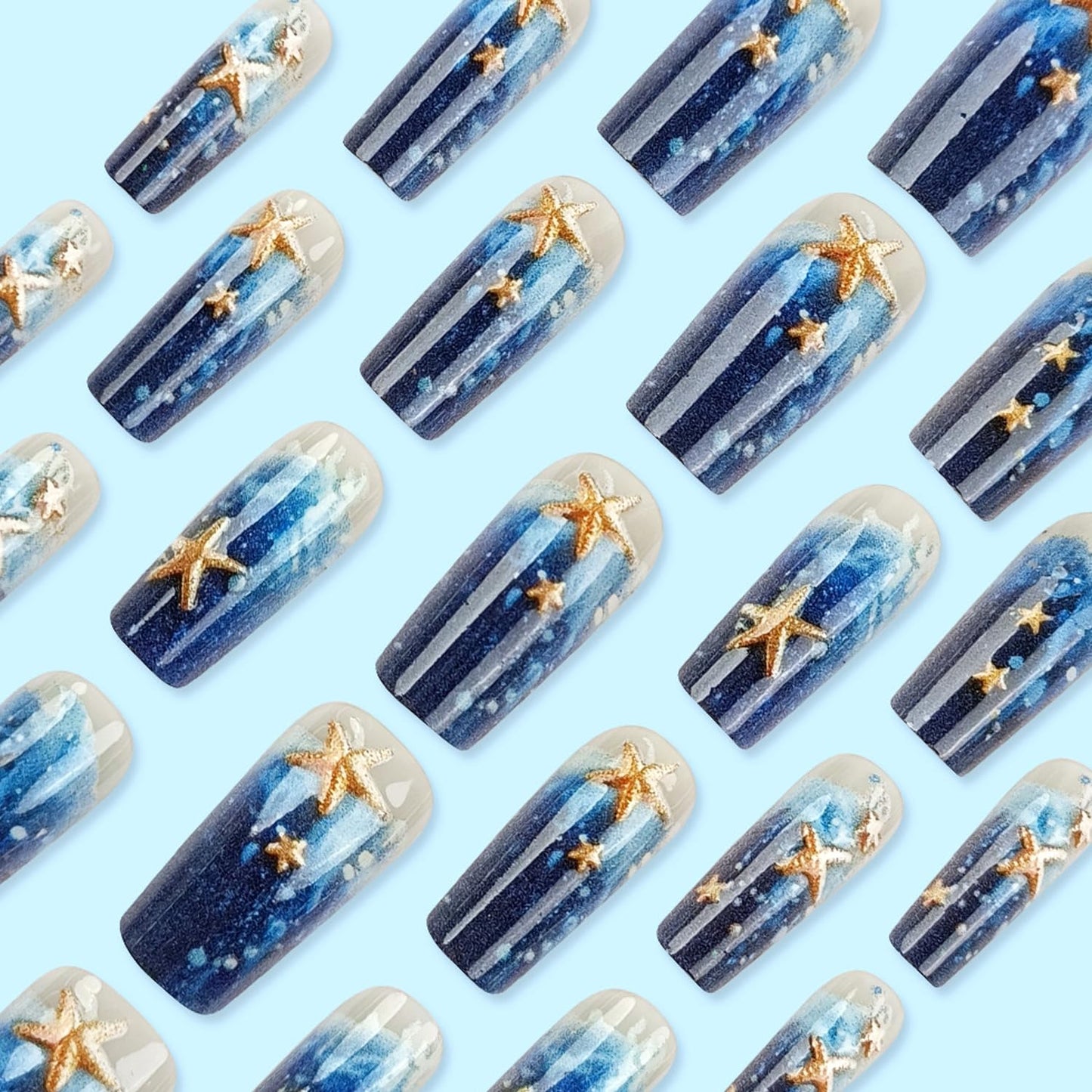 Dark Blue Gradient Press on Nails Medium Square Artificial Acrylic Nails Embossed 3D Gold Starfish Design Glossy Stick on Full Cover Reusable Coffin Artificial Fingernails Glue on Nail for Women 24Pcs