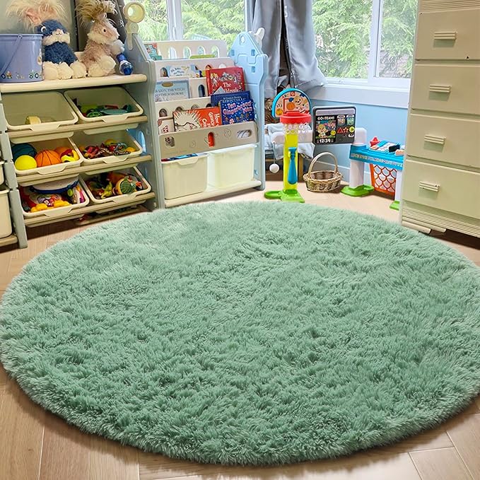 Amdrebio Sage Green Round Rugs 5Ft for Bedroom, Fluffy Furry Circle Rug for Nursery, Baby Kids Room Decor, Cute Shaggy Area Rugs for Preppy Dorm, Teen Girls Boys, Fuzzy Indoor Light Mint Green Carpet