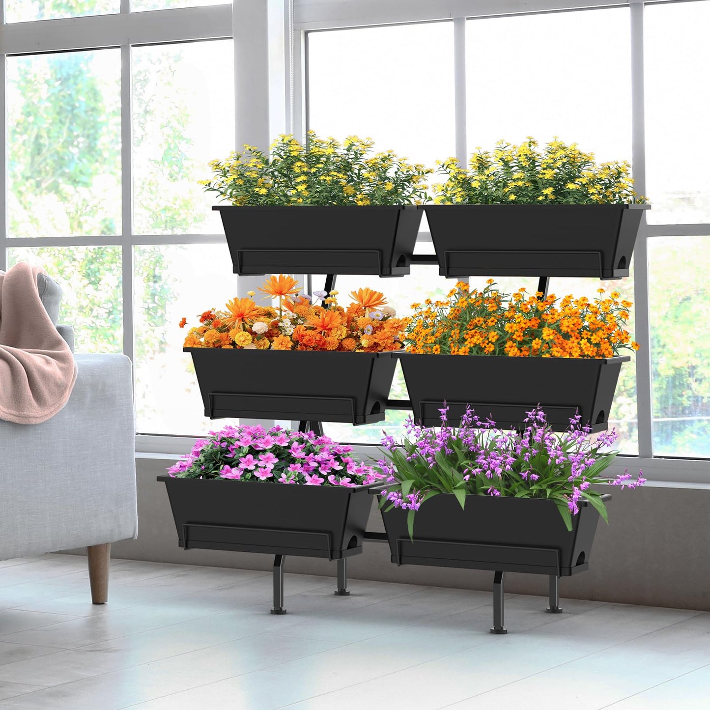 Sunexinlo 3-Tier Vertical Garden Planter with 6 Boxes, 31" Tall Raised Garden Bed with Adjustable Feet for Herbs, Flowers, Vegetables, Ideal for Indoor, Outdoor, Patio, Balcony, Deck Use, Black
