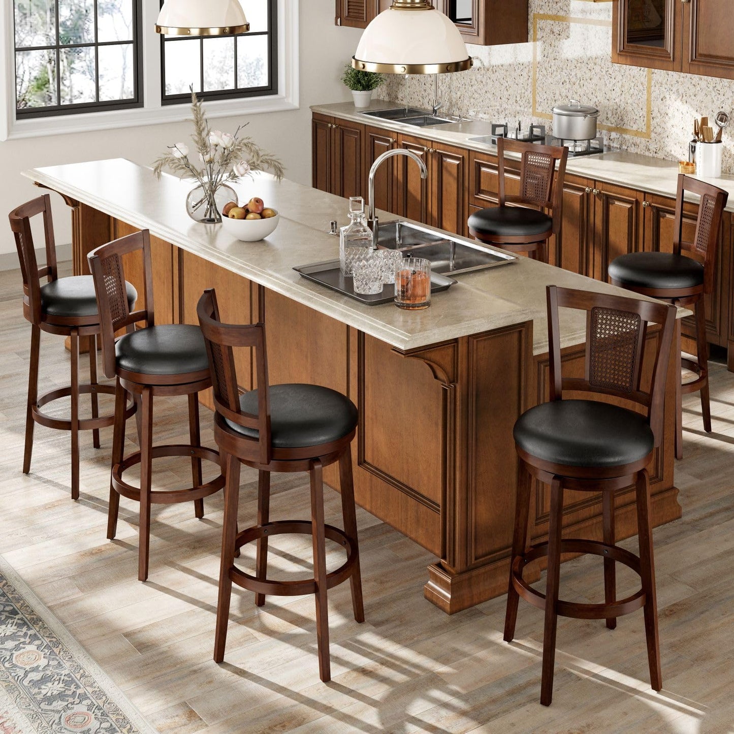 Sophia & William Swivel Bar Stools Set of 6, Bar Height Barstools with Backrest & Solid Wood Legs, Brown Faux Leather Kitchen Stools, 30 Inch