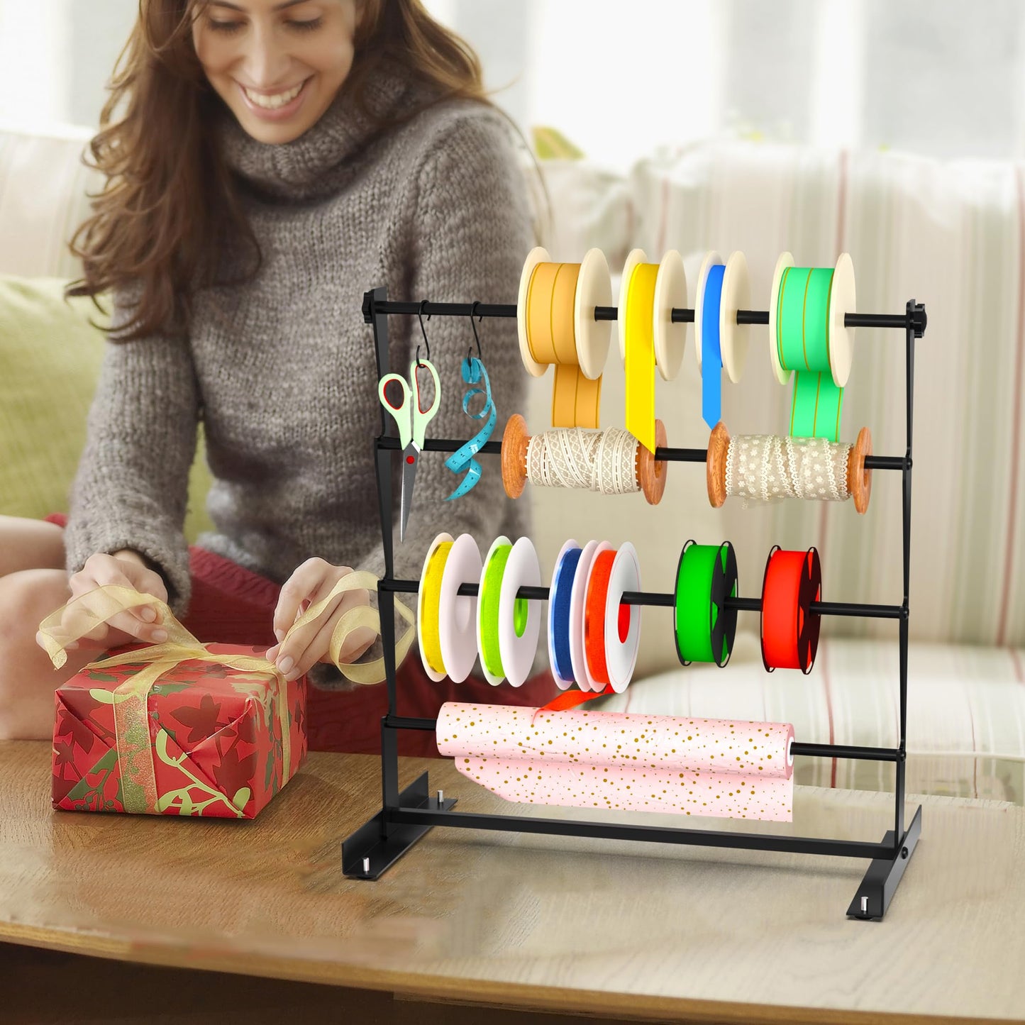 Alyoen Ribbon Organizer, Metal Ribbon Holder Storage Rack with Activity Hooks, Ribbon Spool Holder for Craft Room Sewing Thread Mesh Ribbon Wreath Washi Tape, Florist Arts Wrapping Gift