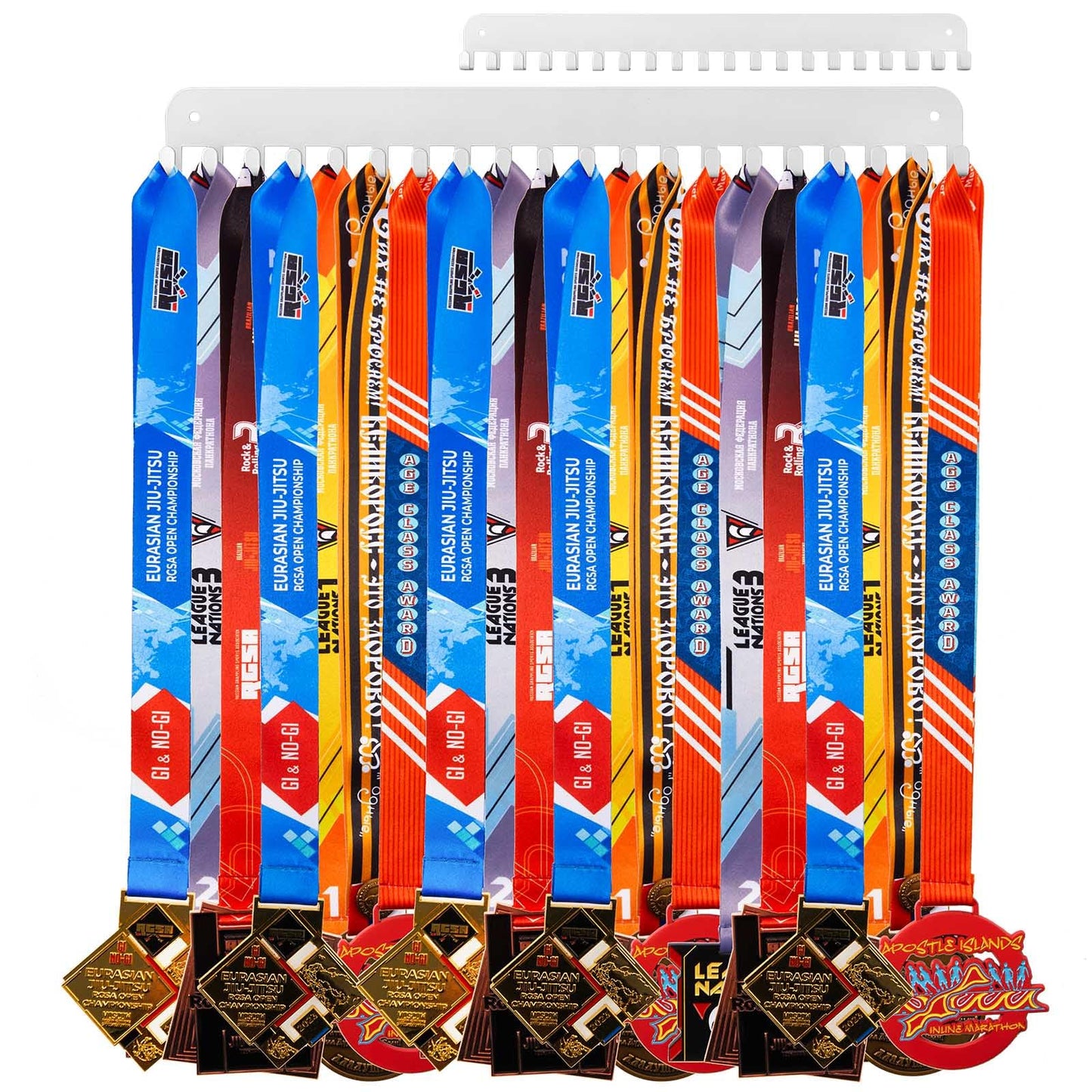 Geetery 4 2/4 Pack Medal Hanger Display with 20 Hooks Each, Steel Wall Mount Medal Holder Rack Holds 60+ Awards for Marathon Running Soccer Wrestling Gymnastics Swimming, Easy to Install (White)