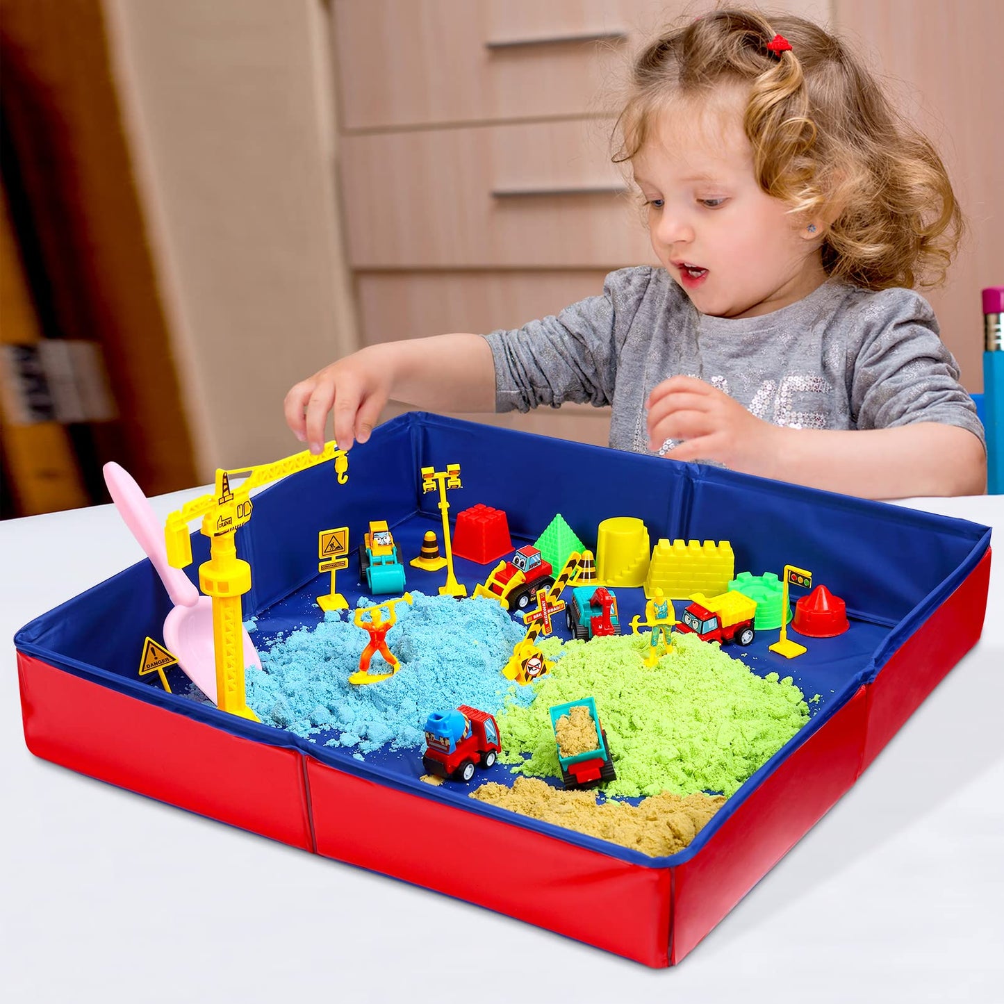 GarveeLife Kids Sand Kit, 43PCS Set w/Tools, 6 Construction Trucks & Castle Molds, Foldable Sand Box Storage Bin Tote, Toys for Boys Girls