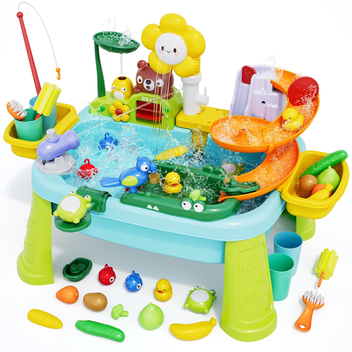 2026 New Kids Sand & Water Table Toys for Toddlers, Multifunctional Play Kitchen Sink with Fishing Game, Spray Function,Kitchen Toys, 360° Electric Faucet,Summer Indoor Outdoor Gifts for Boys Girls