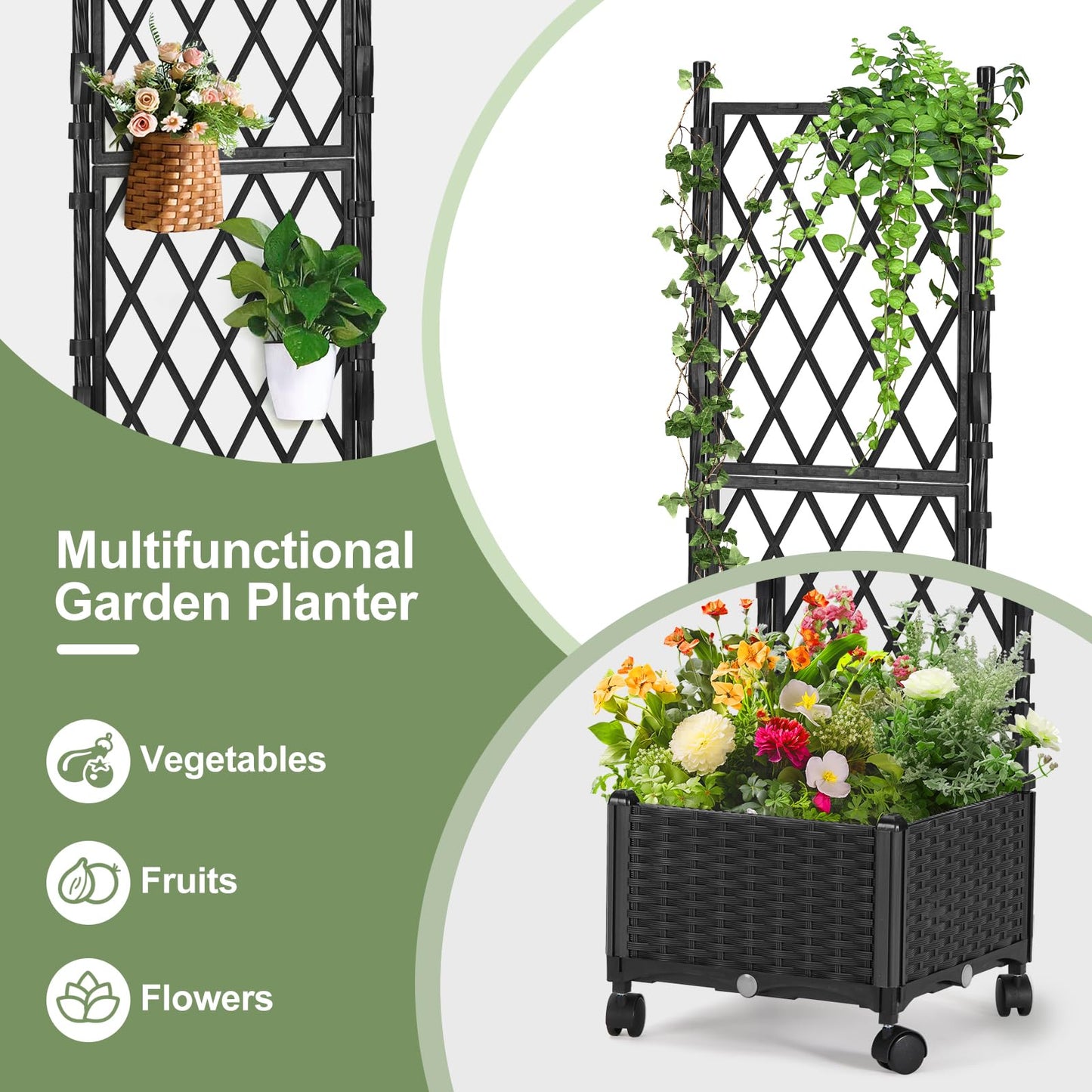 FOLLOOK Planter Box with Trellis, 4ft Tall Self-Watering Plastic Raised Garden Beds and Lattice Trellis with Lockable Wheels & Drain Plug for Outdoor Patio Backyard Balcony, Black, 1 Pc