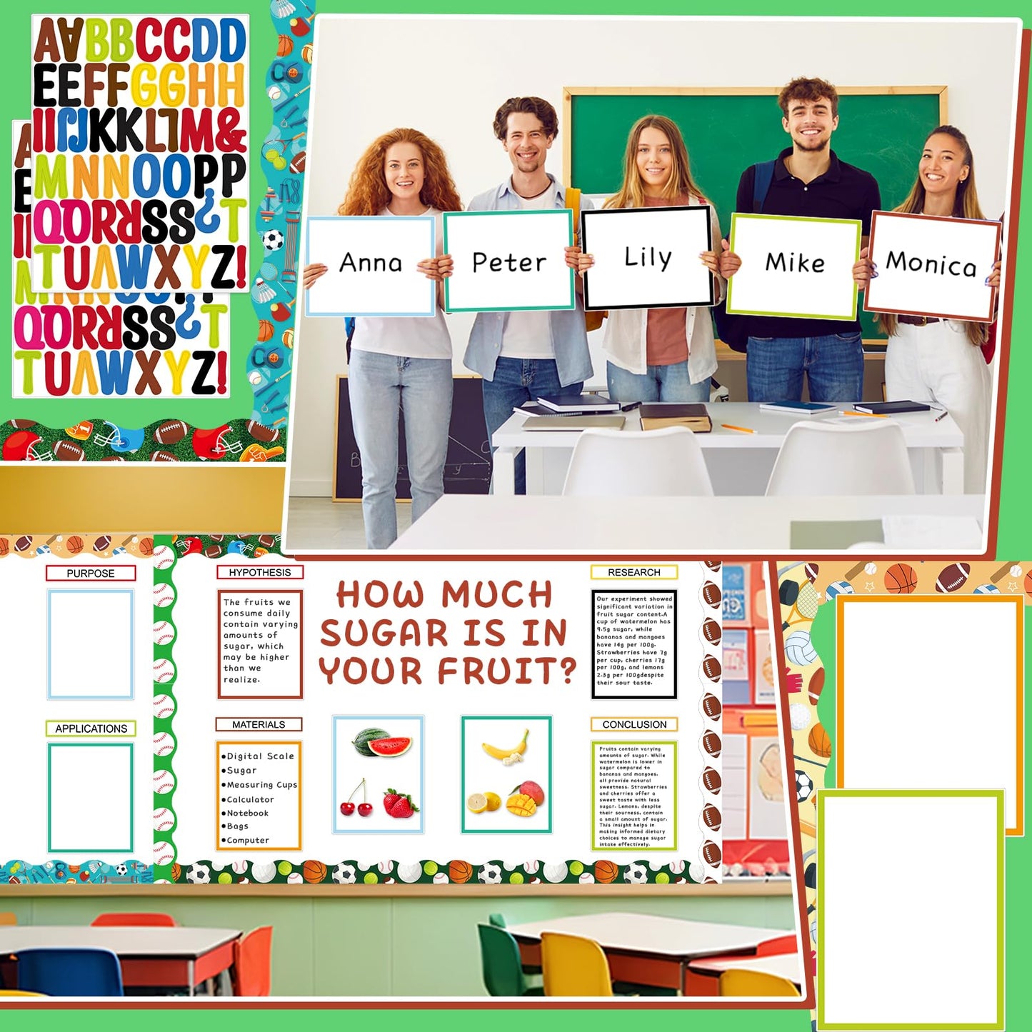 122 Pcs Science Fair Board Supplies 72 Sports Football Trim Scalloped Borders 36 Presentation Board Subtitle 6 Self Adhesive Project Title 8 Letter Sticker for Classroom Office Display Decor(Sports)