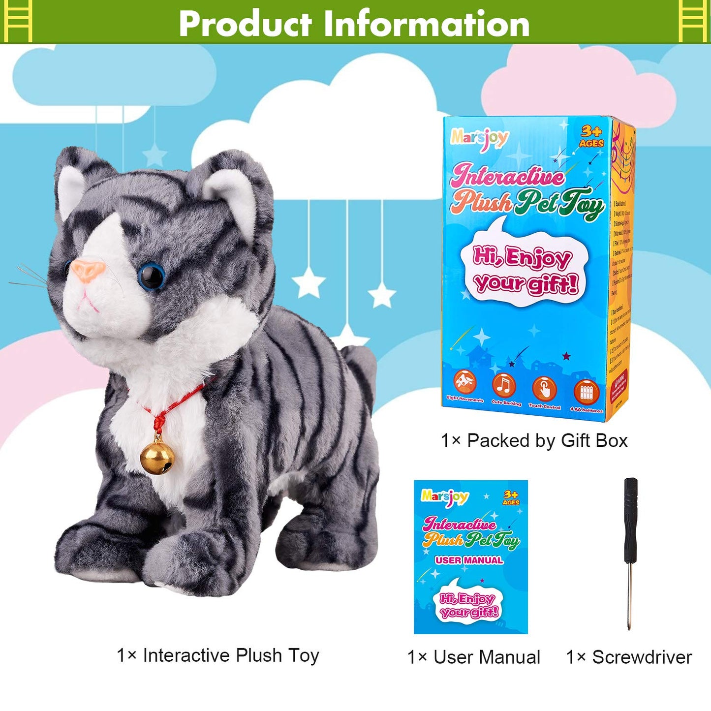 Pattern Gray Robot Cat Plush Cat Stuffed Animal Interactive Cat, Meow Kitten Touch Control, Electronic Cat Pet, Robotic Cat Cat Kitty Toy, Animated Toy Cats for Girls Baby Kids L:12"