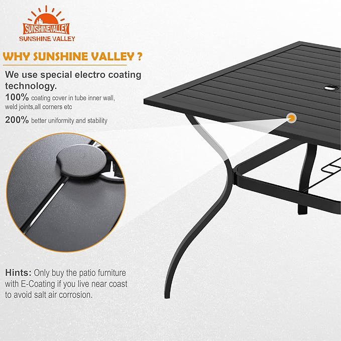 5 Piece Patio Dining Set for 4, 37”x37” Square Table with Umbrella Hole and 4 Metal Blue Chairs, Outdoor Table and Chairs Set for Lawn Backyard and Deck