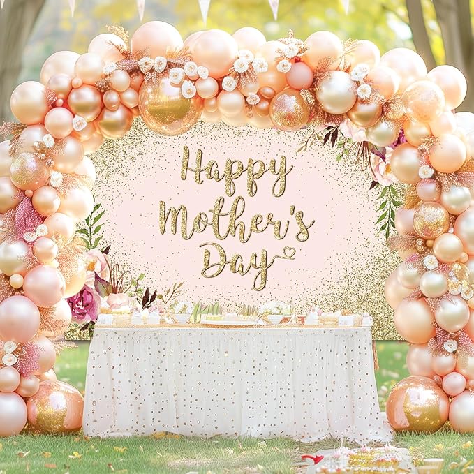 Avezano Glitter Gold Happy Mother's Day Backdrop for Thanks Mother Party Photoshoot Photography Background Blush Pink Golden Glitters Dots Floral Mom's Day Party Decorations Backdrops (10x7ft)