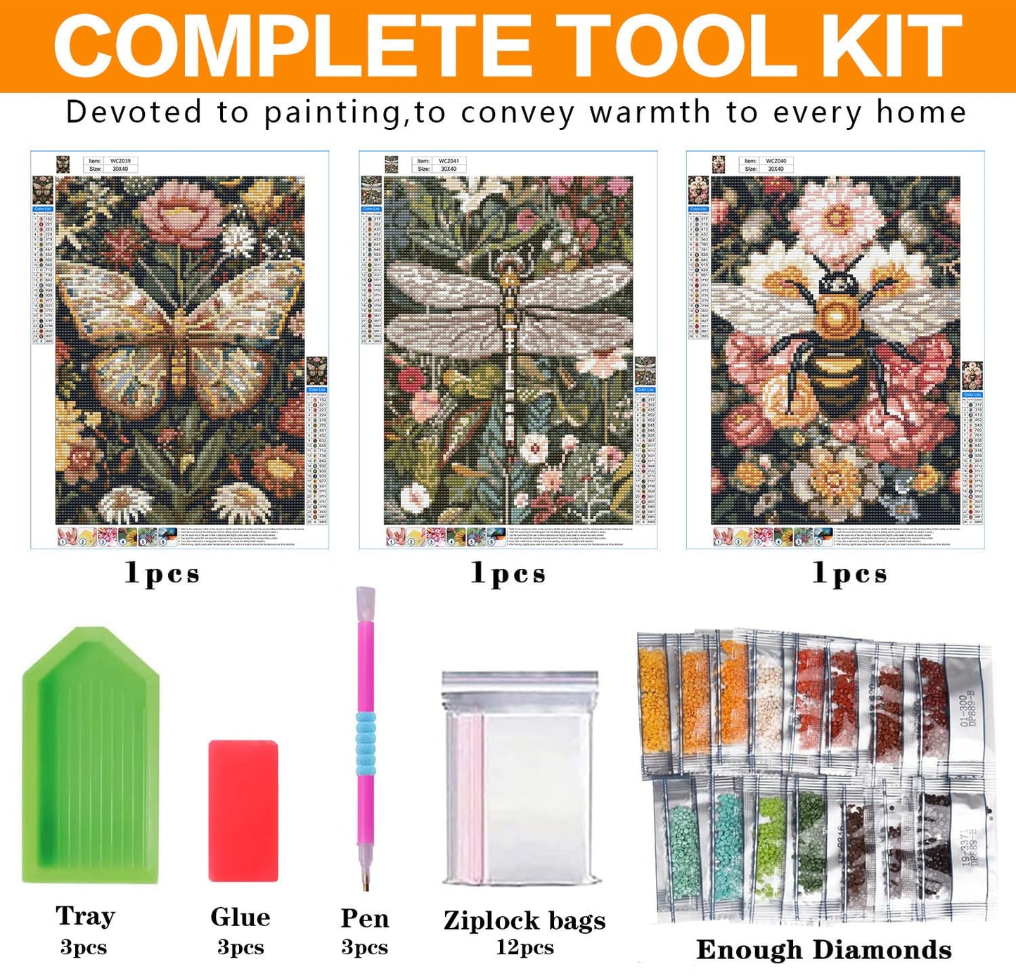 3 Pack Diamond Art Kits for Adults, Bee Diamond Painting Kits for Adults, 5D DIY Round Drill Gem Art Paint with Diamonds Dots Crafts Kits for Home Decor Gift 12x16inch (Bee Butterfly and Dragonfly)