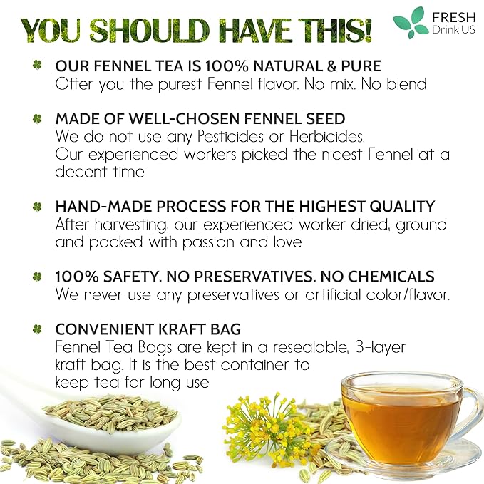 FreshDrinkUS, Premium 200 Fennel Tea Bags, 100% Natural & Pure from Fennel Seeds. Made with Natural Material Tea Bags. No Sugar, No Caffeine, No Gluten, Vegan.