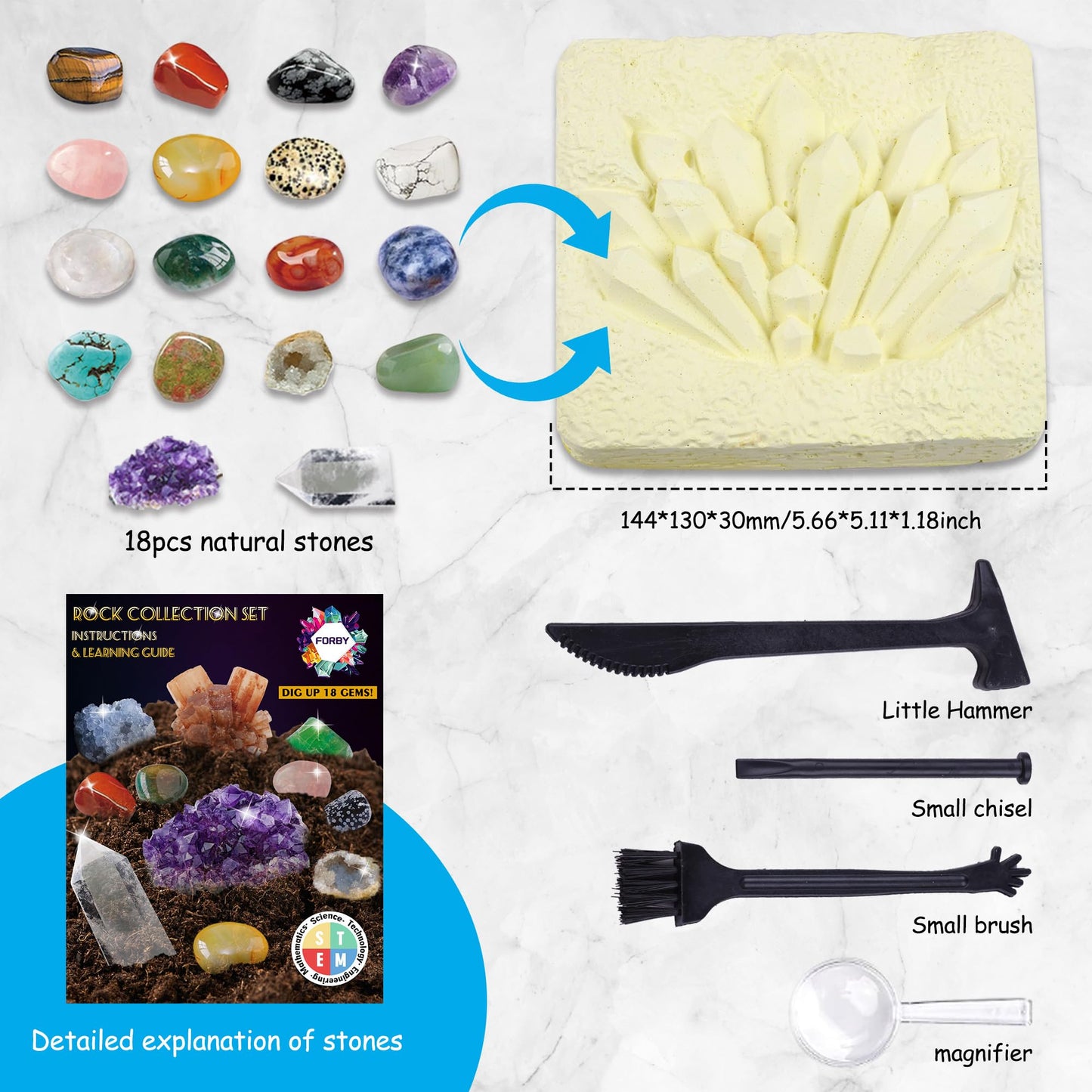 FORBY 18PCS Natural Crystal Dig kit Dig Up Real Tumbled Polished Crystal Geode Cave Gemstones and Crystals Set, Gift Set for Women and Men Decoration