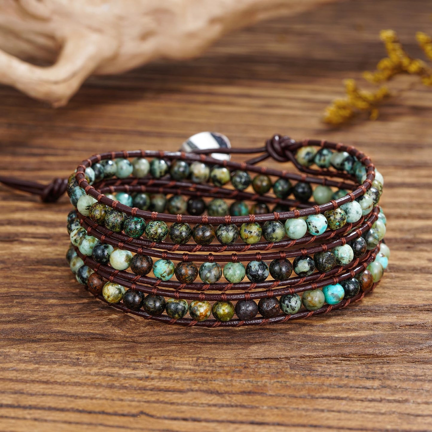 Plumiss Boho Natural 4mm African Turquoise Beads Stone 3 Wraps Bracelet Jewelry for Women Men