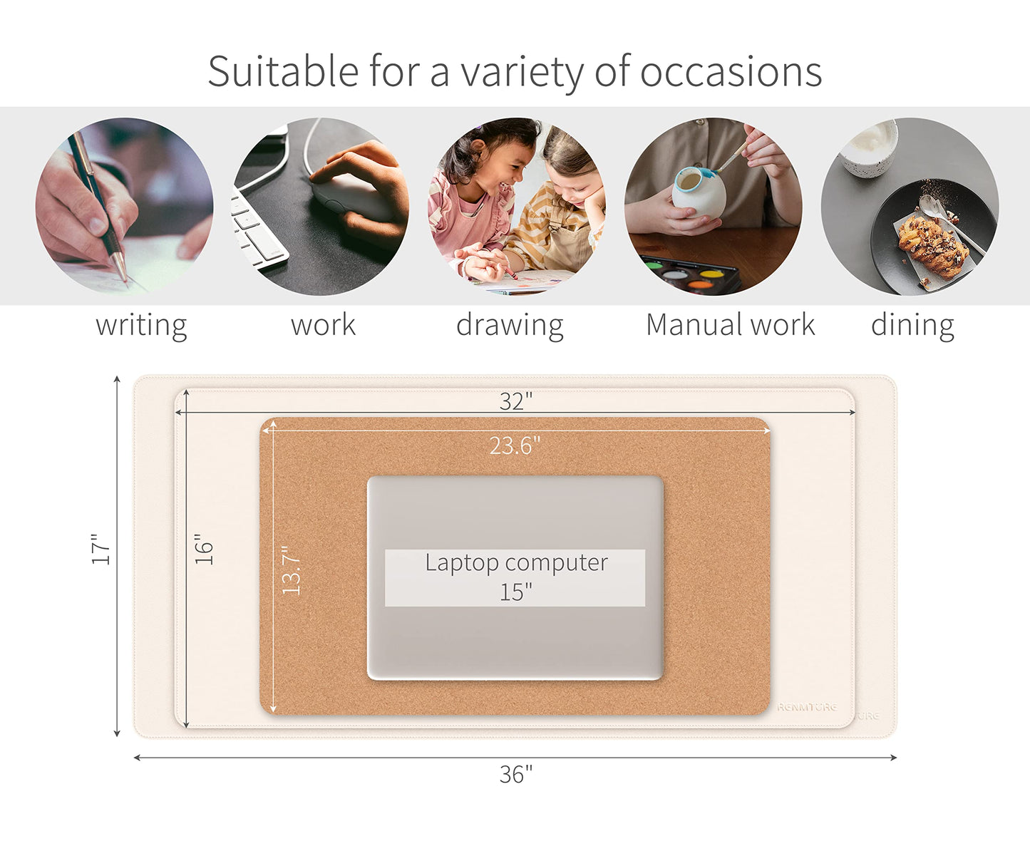 RENMTURE Dual-Sided Mouse Pad, Natural Cork & PU Leather Large Desk Pad for Office and Home Work, Desk Protector Non-Slip, Waterproof, Easy Clean (Apricot, 36"x17")