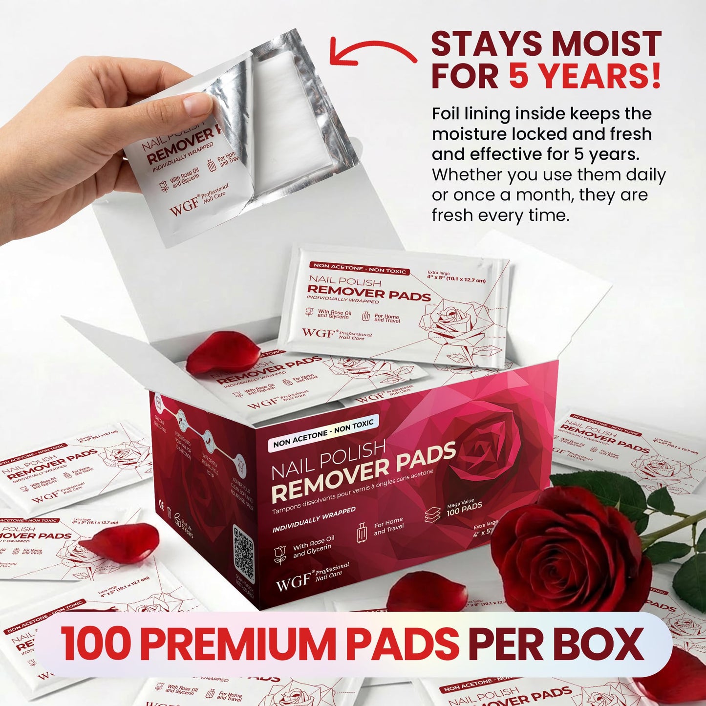 Nail Polish Remover Pads - 100 Pack - Non-Acetone - Individually Wrapped Wipes - Gentle Formula - Fingernail Polish Remover - Bulk Value Set for Home, Salon & Travel