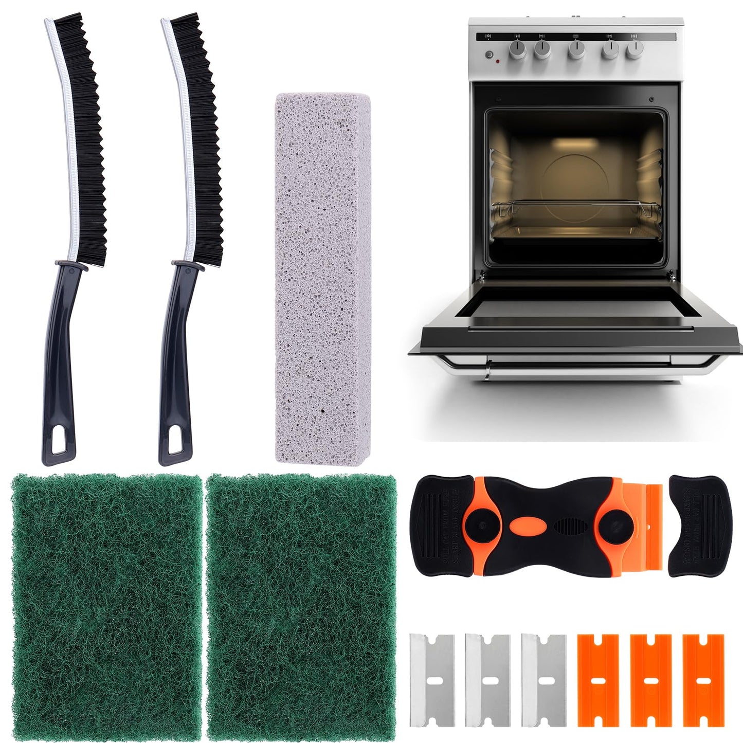 Palksky Heavy Duty Oven Cleaner Tools, Oven Cleaning Accessories, Oven Cleaning Kit with Crevice Cleaning Brush, Razor Blade Scraper, Pumice Stone, Cleaning Rags