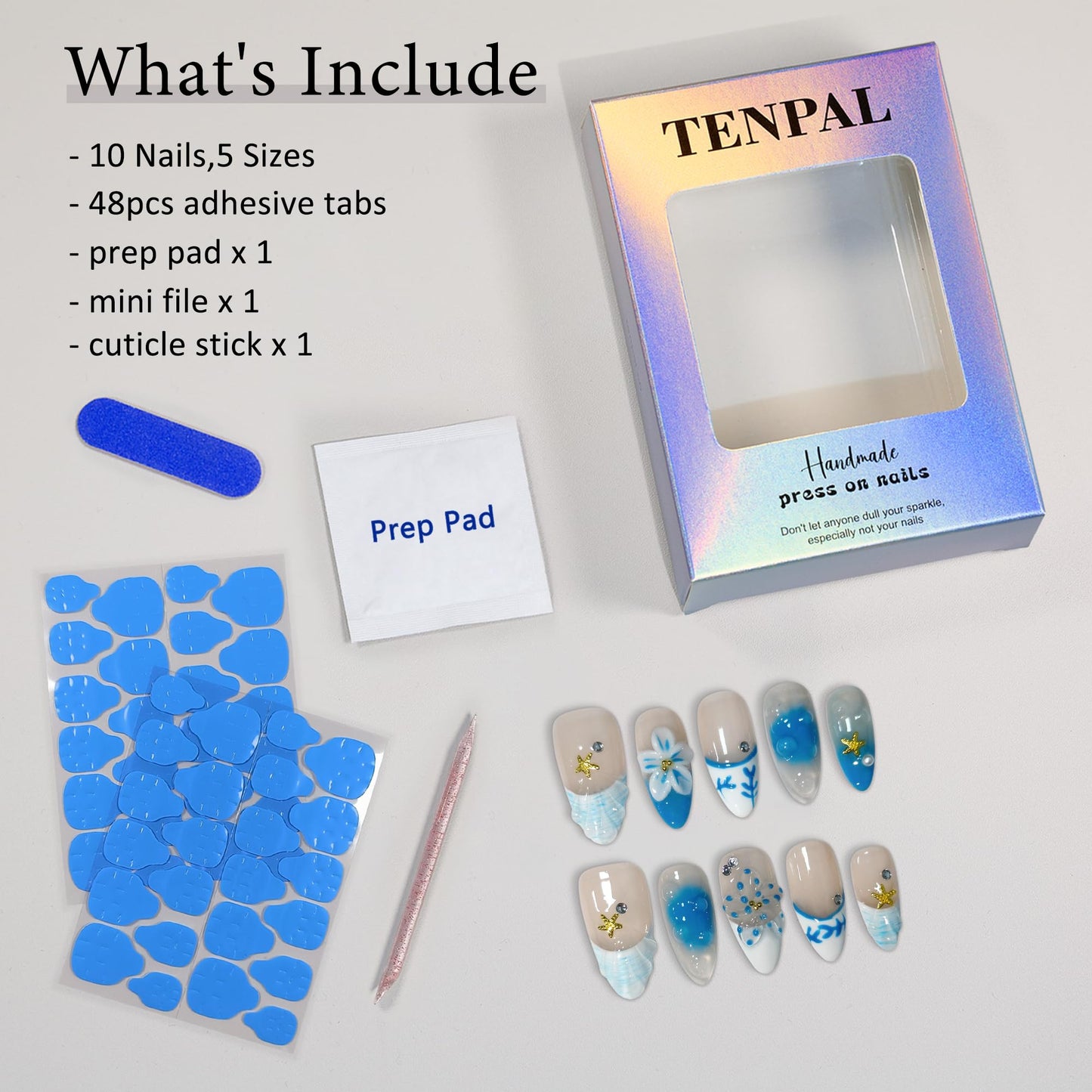 TENPAL Blue French Tips Press on Nails Almond with Shell & Hand Painted, Reusable Icy Glossy False Nails for Summer Beach Vacation | Coastal Watercolor Style(XS)