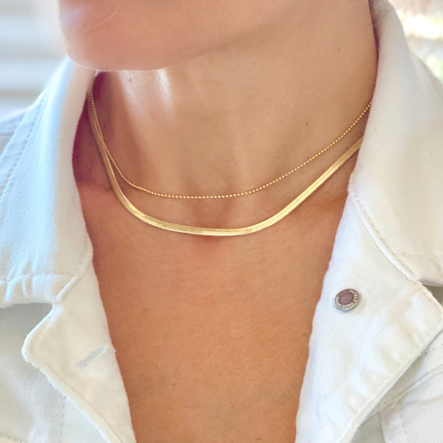 Freekiss Layered Gold Necklace for Women - 14K Gold Filled Herringbone, Stackable Cuban Figaro Beaded Link Chain, Dainty Gold Choker