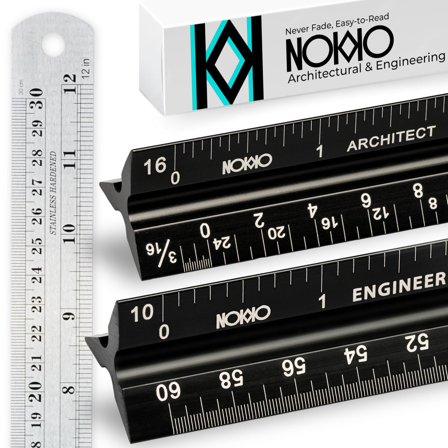 NOKKO Architectural Scale Ruler Set with Engineer Scale and Metal Ruler, 12 Inch Aluminum Drafting Rulers for Blueprints, Engineering Drawings and Floor Plans