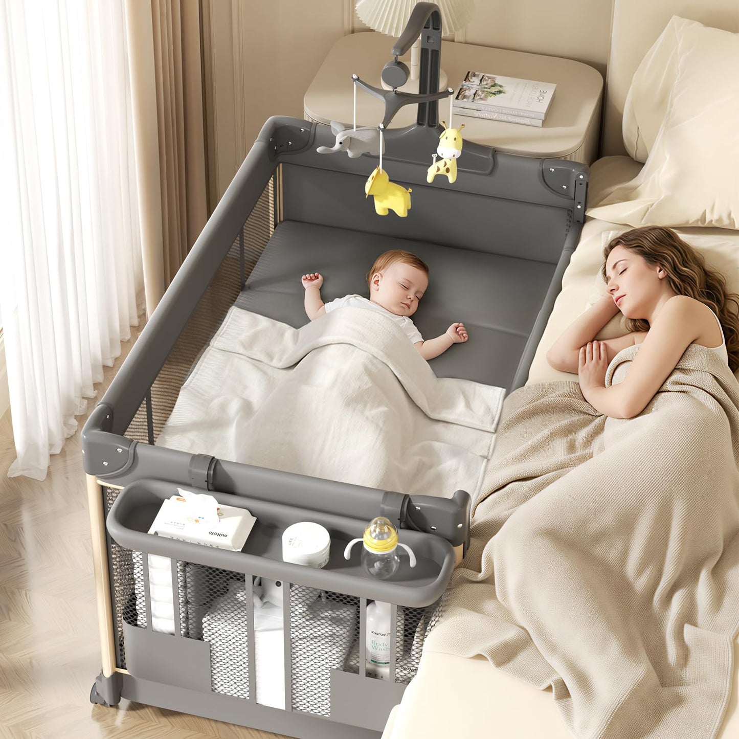 Trimigo 4-in-1 Pack and Play with Bassinet, Bedside Sleeper, Playard, and Changing Table, Folding Travel Crib with Musical Toy Rack & Bag, 4-Level Height Adjust, Newborn to Toddler（Ivy Gray）