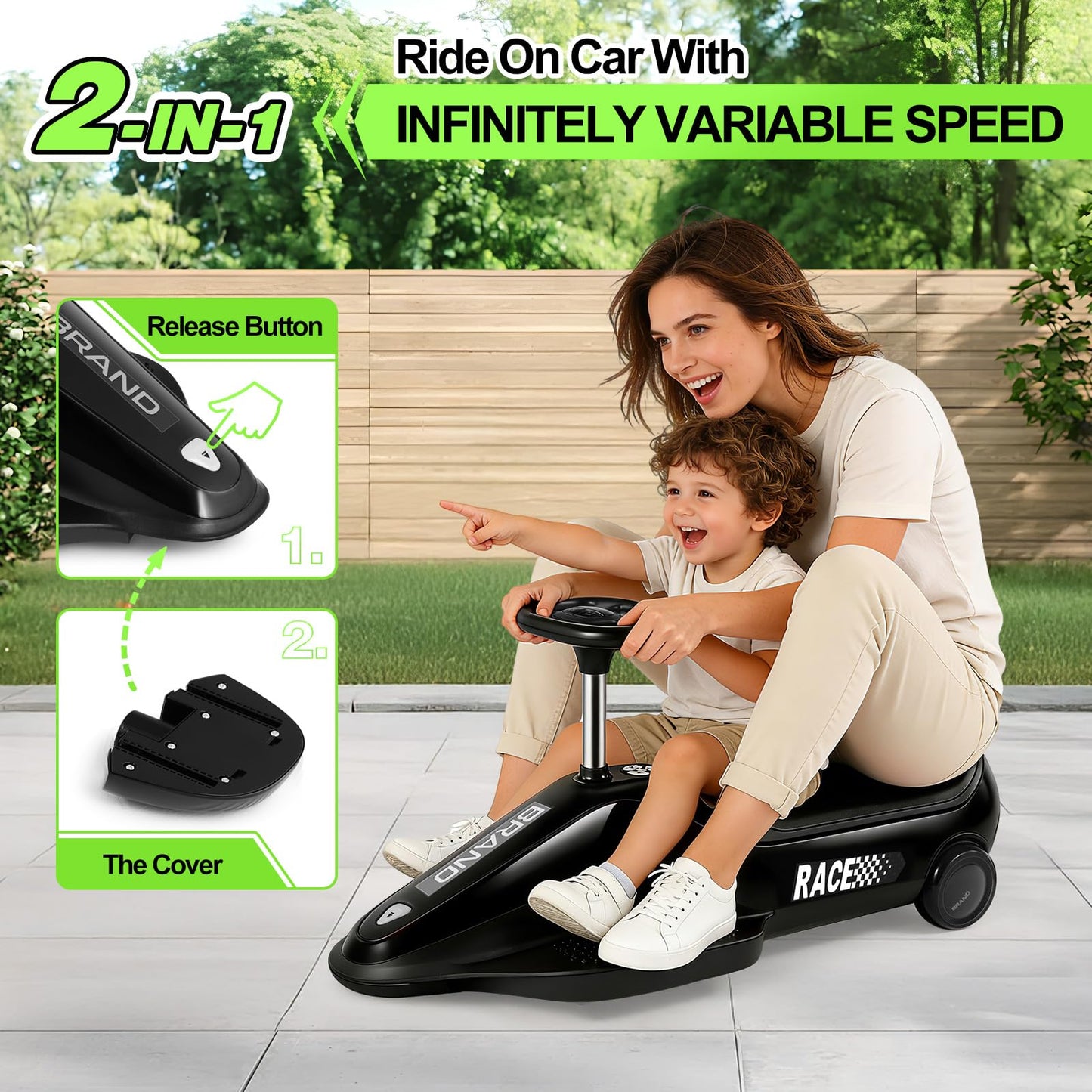 JOYLDIAS Kids Ride On Car with Vacuuming Function, 12V7AH Go Kart W/Detachable Cleaning Head Dust Box, 2 Speed 3-5km/h, Bluetooth Music, Electric Ride On Toy Car for Kids Toddlers Ages 3+,Black