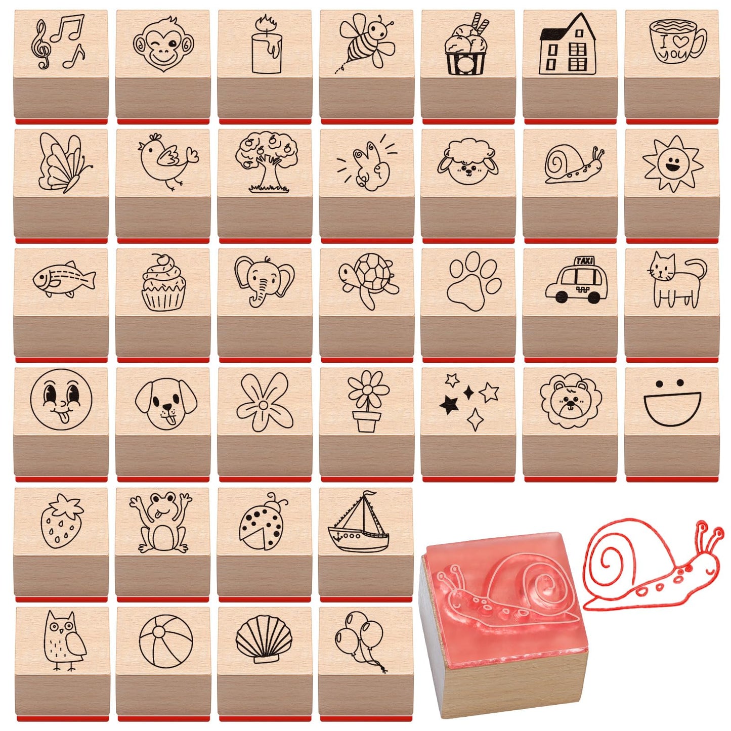Maitys 36pcs Cartoon Pattern Wood Stamps Set Wooden Rubber Holiday Stamps Cute Cake Elephant Candle Butterfly Bee Pattern for Card Making Decoration and Scrapbooking Supplies DIY Tools Gifts