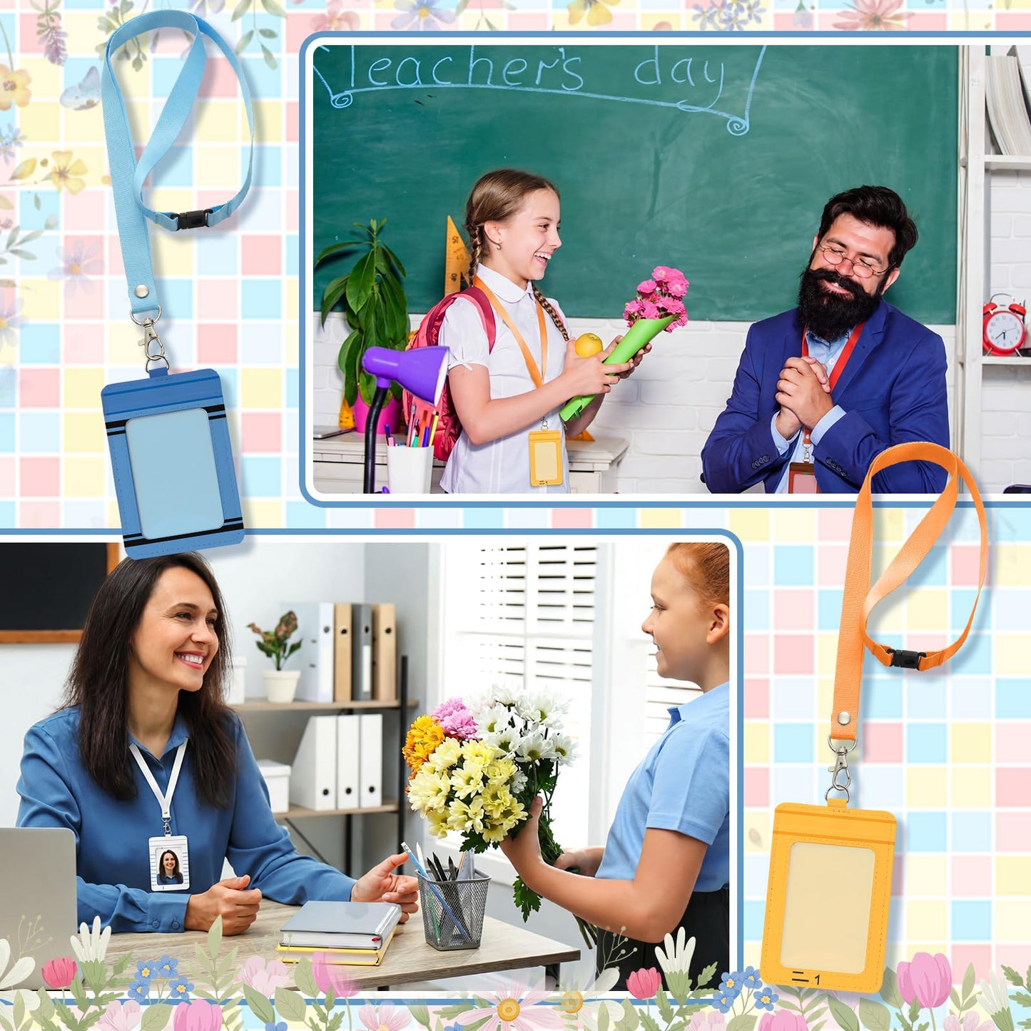 Harloon 6 Pcs Teacher ID Badge Holder with Lanyard Teacher Appreciation Gifts PU Cute Composition Notebook Pencil Crayon Apple ID Badge Holder for Teachers' Day Stuff Office Graduation Gift (Colorful)