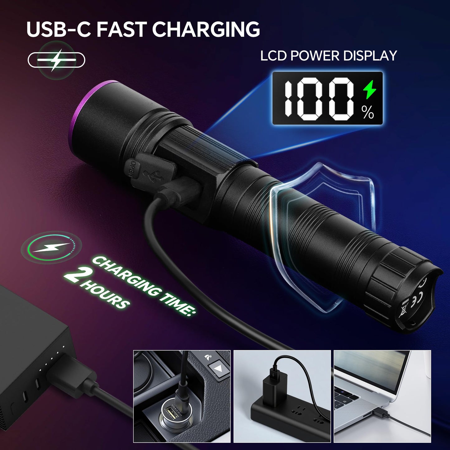 TrixHub 365nm Black Light Flashlight, UV Flashlight Rechargeable with LCD Display, Powerful Ultraviolet Lights for Pet Urine Detection, Resin Curing, Rockhounding, Scorpion, Uranium Glass, A/CLeak