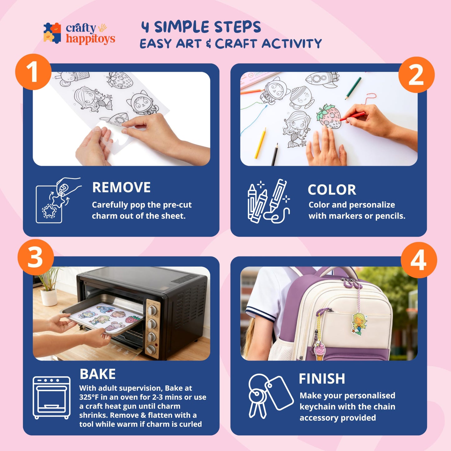 CRAFTY HAPPITOYS Shrink Art Sheets - Craft Kit for Kids - Art and Craft for Kids - Shrink Plastic Sheets with 30 Pre Cut Charms - DIY Jewelry Making - Keychain Activity - Shrinky Kit 70pc
