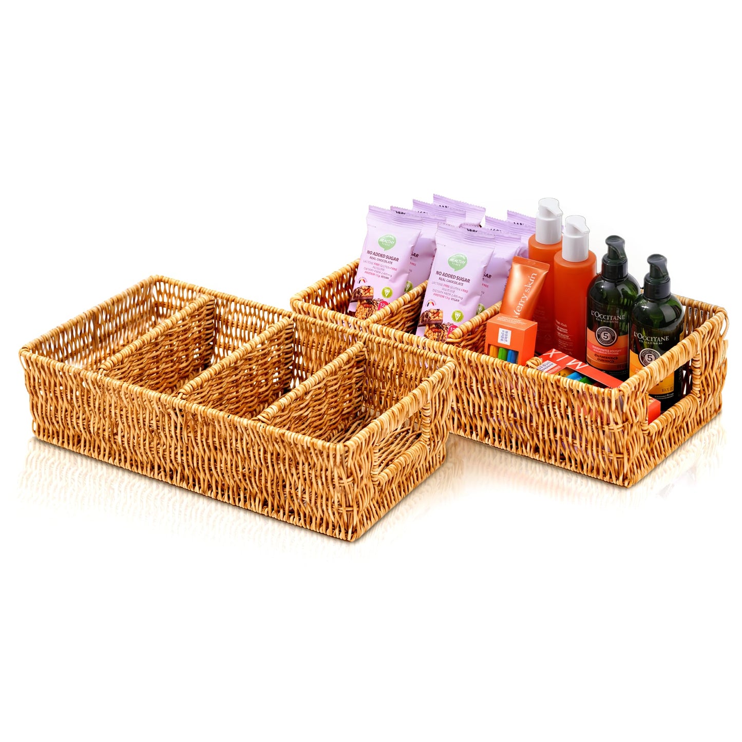 Nature-Inspired Rattan Pantry Organizer Baskets Set of 2 with 3 Removable Dividers – Handwoven Storage Bins for Kitchen or Bathroom Organization, Ideal for Snacks, Coffee & Tea (13” x 7.3” x 3.7”)