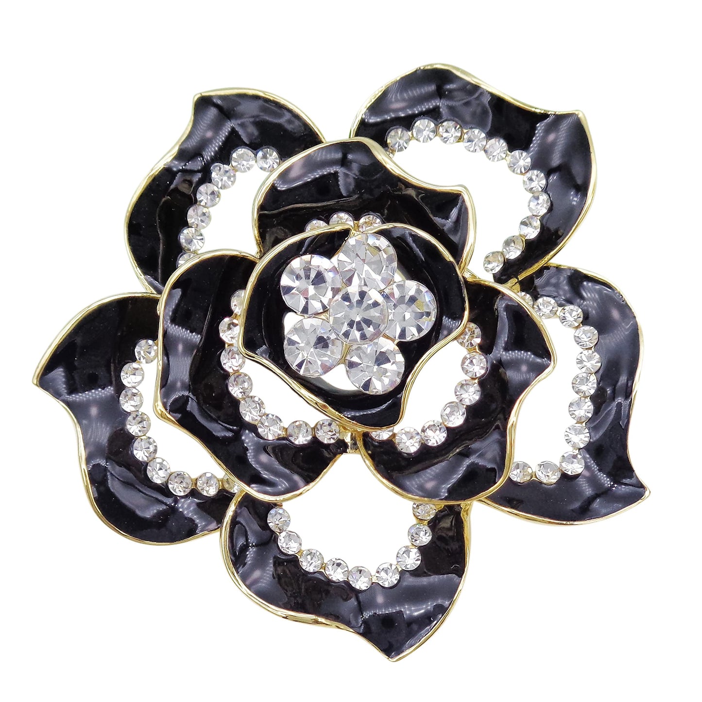 Navachi 18k Gold Plated Crystal Black Enamel Rose Flower Az7196b Brooch pins