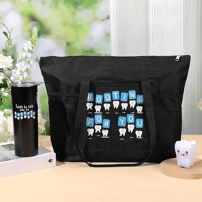 Nuogo 3 Pcs Positive Dental Hygienist Gifts Dentist Assistant Gift for Women Men Inspirational 20oz Tumbler Tote Bag Tooth Stress Toy for Dental Hygiene Month Employee Appreciation(Black,Teeth)