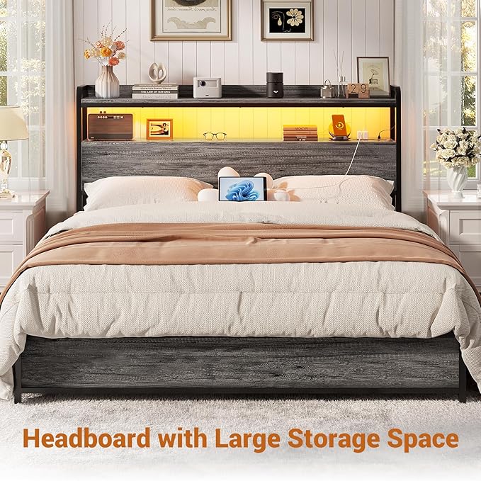 Aheaplus Headboard for Full Size Bed Frame, Headboards with Outlets, USB Ports and LED Light, Head Board with Storage, Height Adjustable, Sturdy and Stable Headboard, Full Size, Black Oak