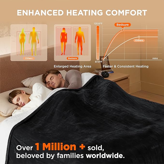 Bedsure Electric Blanket Queen Size - Dual Control Heated Blanket Queen, Fast Heating with 10 Time Settings & 10 Heat Settings, Warm Gift for Grandma (84x90 inches, Black)