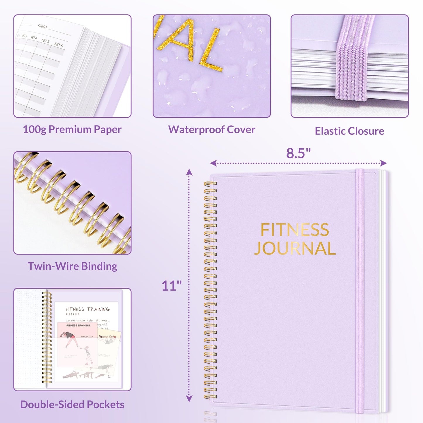 Fitness Journal Workout Planner for Women & Men, A4 (8.5" x 11") Workout Journal Log Book Planner Gift for Track Gym Essentials, Home Workouts, Track Progress, Achieve Wellness Goals, Purple