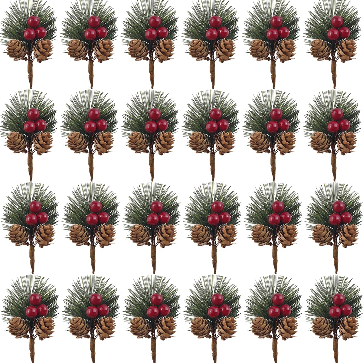 TIHOOD 25PCS Artificial Pine Picks, Pine Needles Branches with Red Berry Stems, Small Fake Berries Pinecones Branches for Crafts Christmas Tree DIY Garland Holiday Wreath