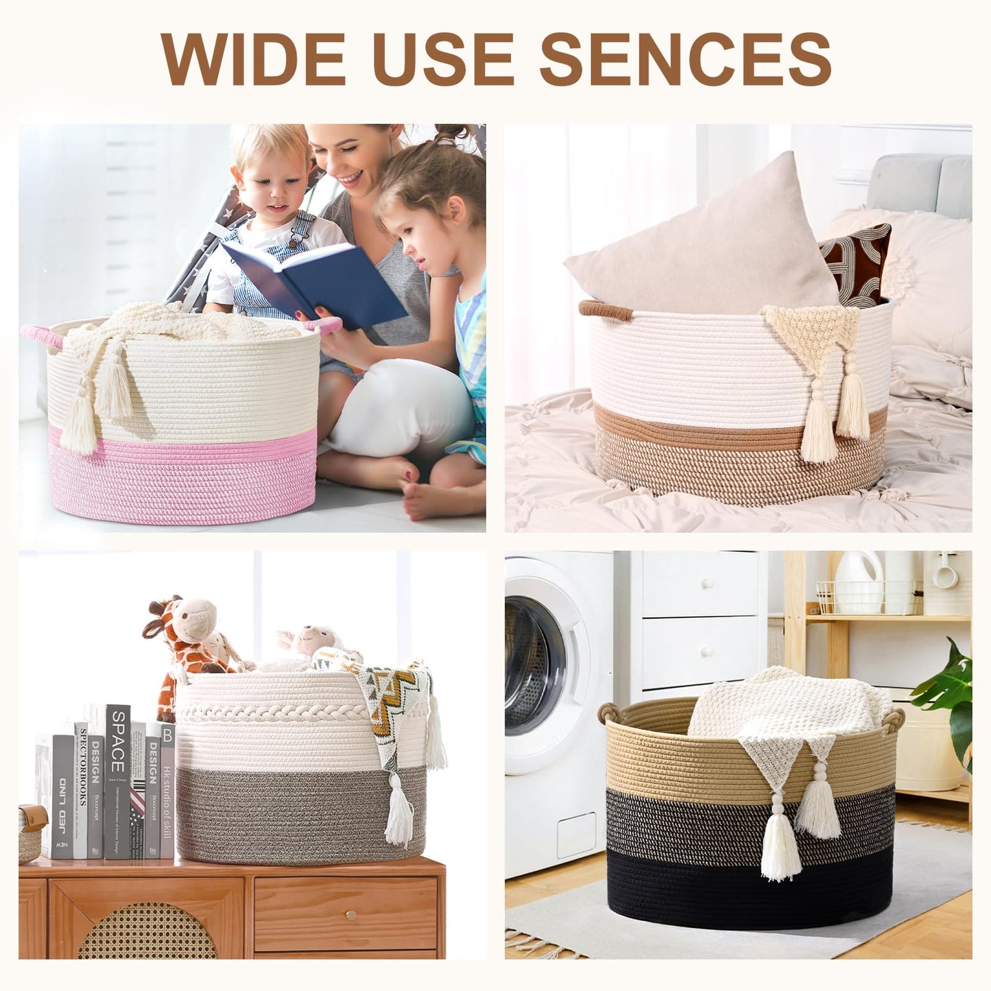 Degeyoyo 67L Large Blanket Basket, 20"x13" Woven Storage Baskets With Handle, Cotton Rope Blanket Basket Living Room, Baby Laundry hamper for Blanket, Nursery, Toy, Pillow (White & Brown)