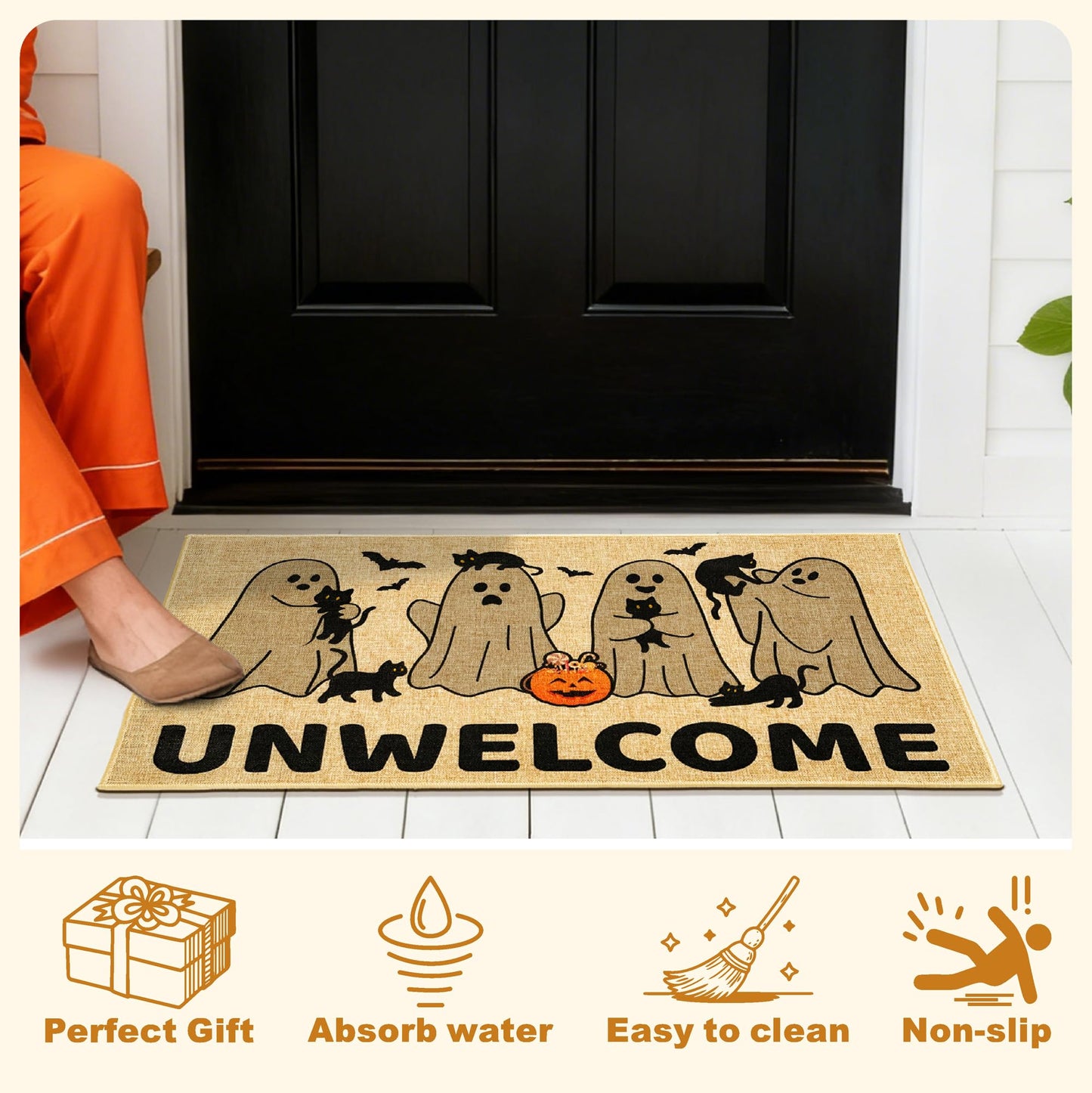 Kazova Unwelcome Doormat Funny Ghost Boo 17x30 Inch Non Slip Washable Linen Indoor Outdoor Rug for Introvert Home Office Front Door Entryway