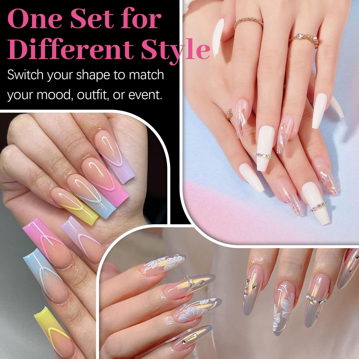 QIEK 450PCS Medium Almond & Coffin & Square - 3 Styles Nail Tips, 70-Grit Pre-Etched Press On Nail in 15 Sizes, Fake Nail Extension Kit for Acrylic Gel Nail Art DIY Salon