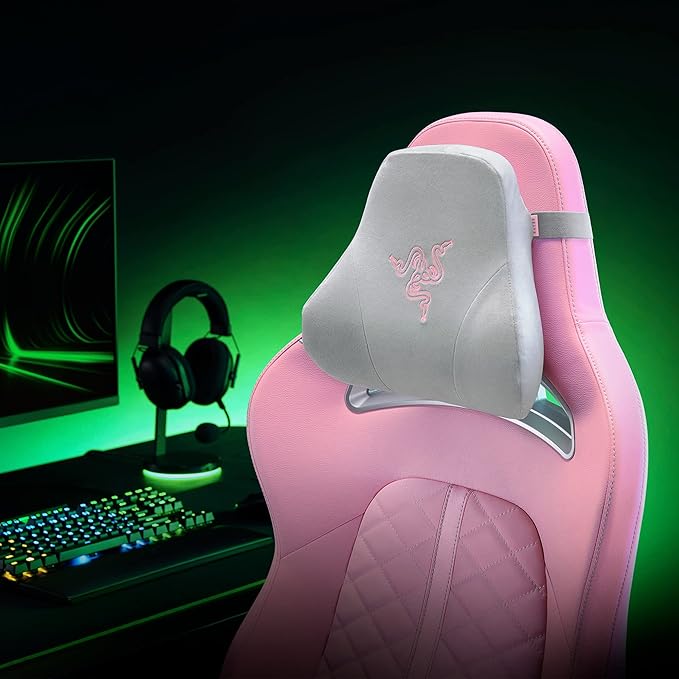 Razer Head Cushion Neck & Head Support for Gaming Chairs: Ergonomically Designed - Memory Foam Padding  - Wrapped in Plush Pink Velvet - Quartz