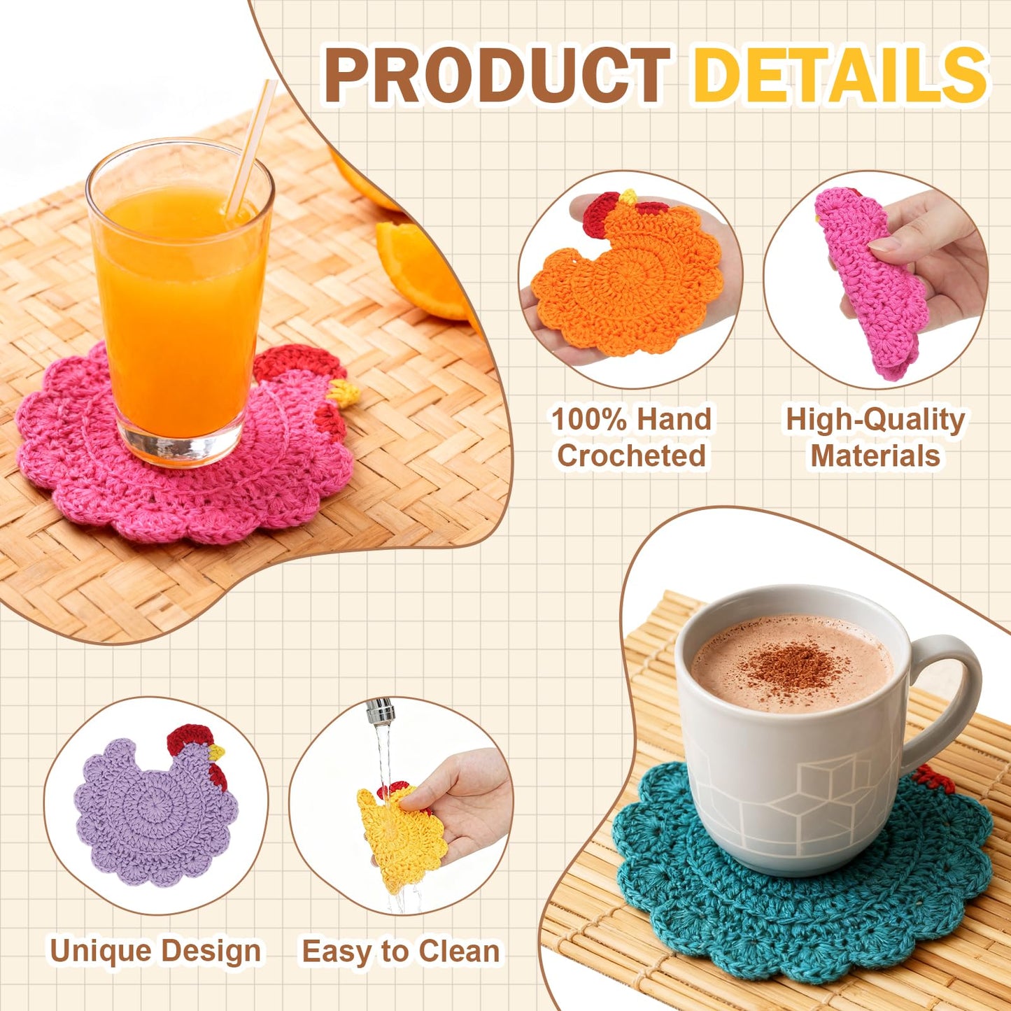 KHEIPHIR Chicken Coasters Set of 4, Handmade Crochet Chicken Decor for Desk, Cute Animal Drink Coasters, Funny Chicken Gifts for Women Style A